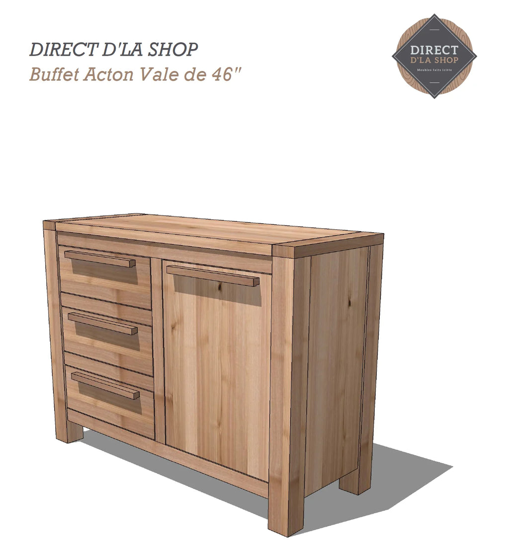 Vue 3D du buffet Acton Vale 46" en bois massif avec poignées en bois