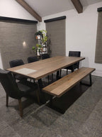 Table et banc collection Roberval en érable massif avec noeuds et pattes en acier trapèze