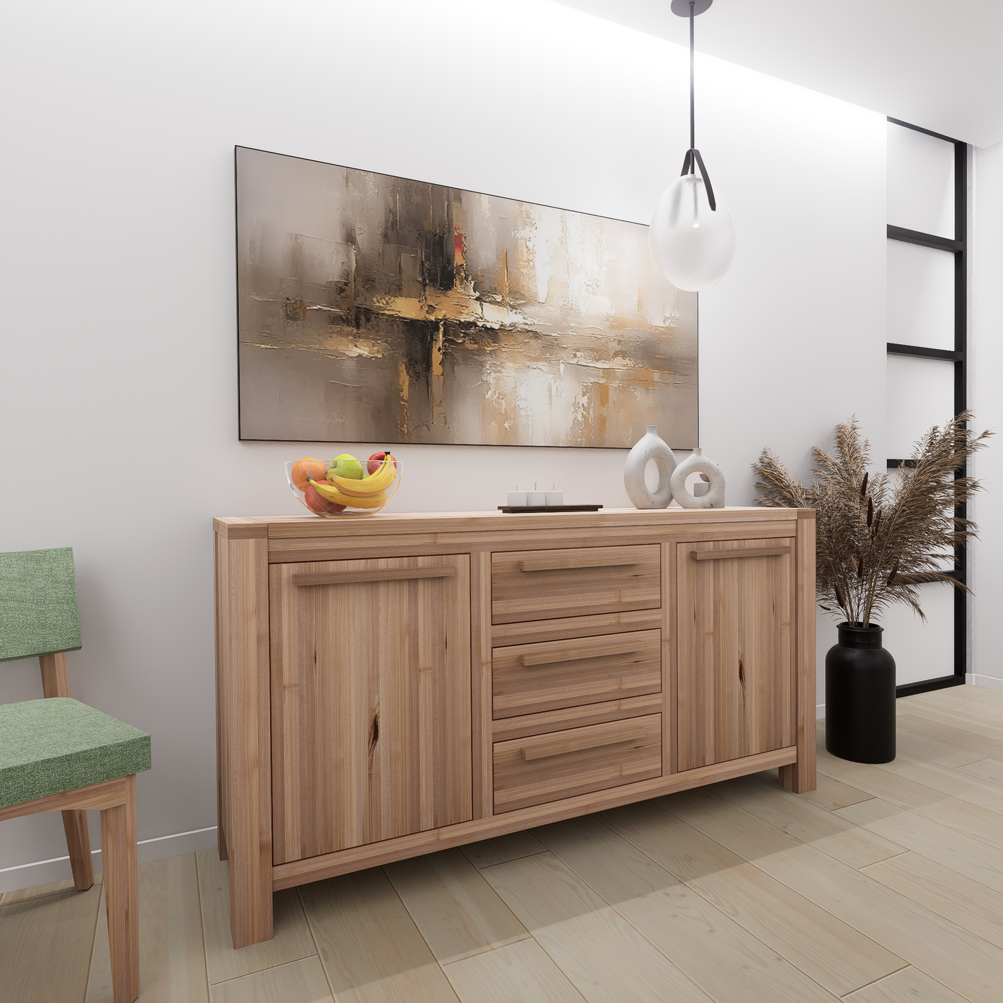 Rendu 3D réaliste du buffet Acton Vale 66 pouces en érable massif naturel avec poignées en bois