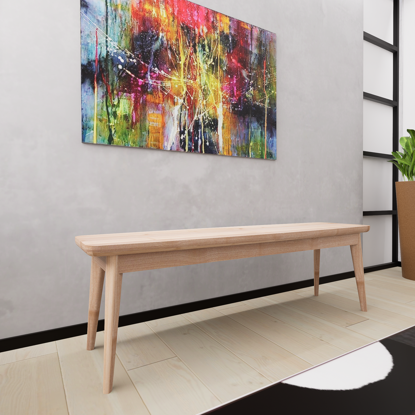 Rendu 3D réaliste de notre banc Mégantic en érable massif au style scandinave