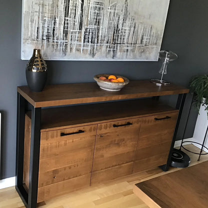 Buffet en érable massif avec 3 portes de rangement et côtés en acier noir collection Asbestos